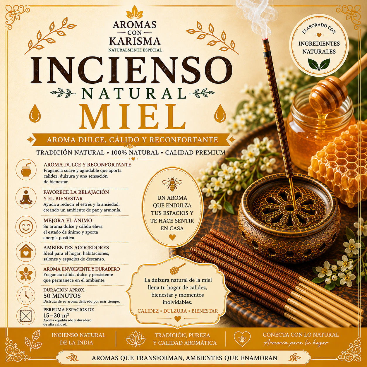INCIENSO NATURAL INDIA- MIEL (10 varitas)